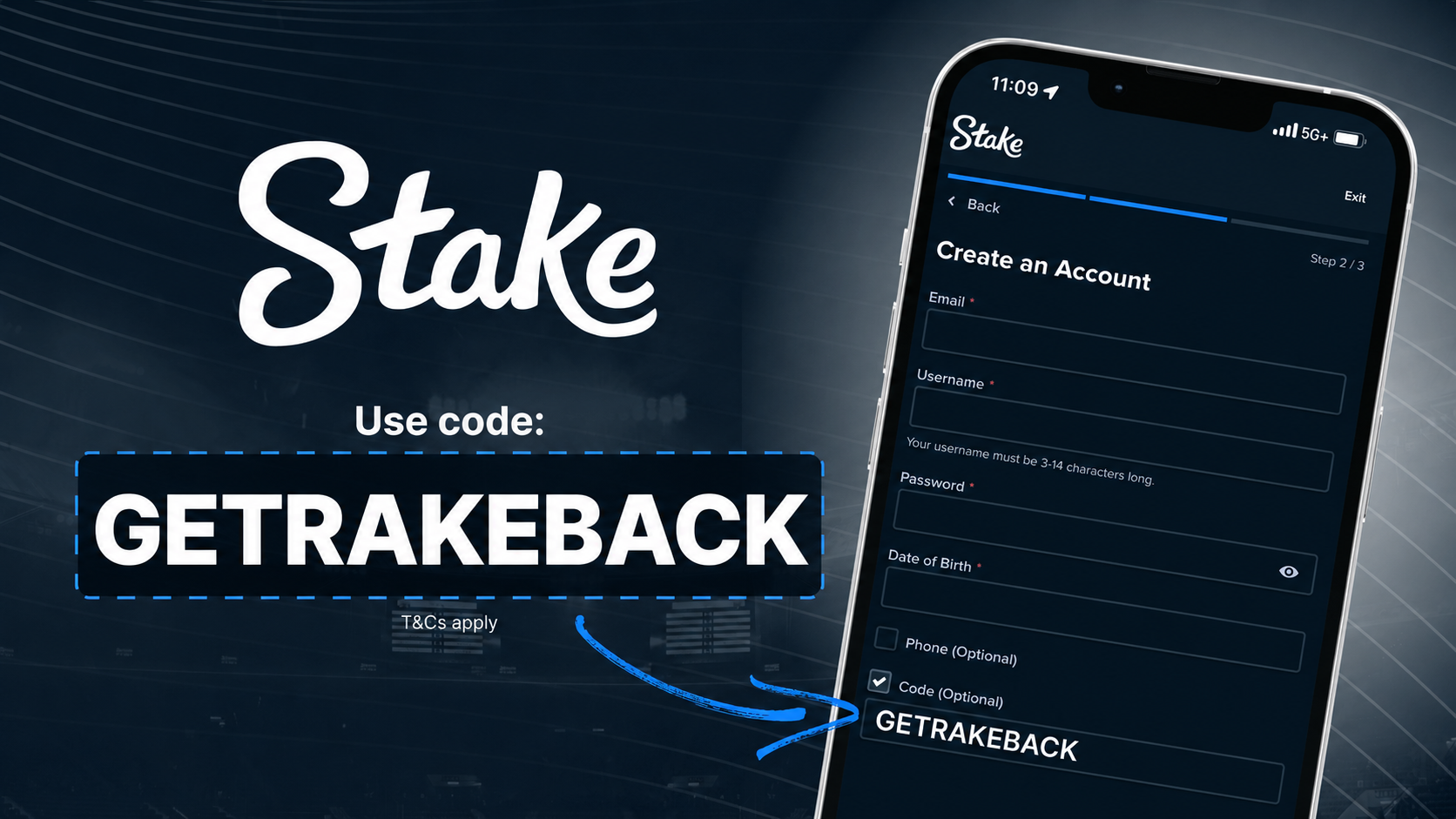 Stake sign-up screen showing the promo code GETRAKEBACK entered in the code field