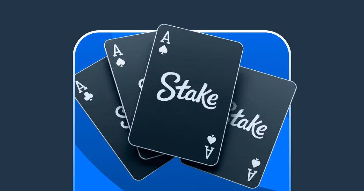 Stake-branded cards on a blue background representing the mobile login experience